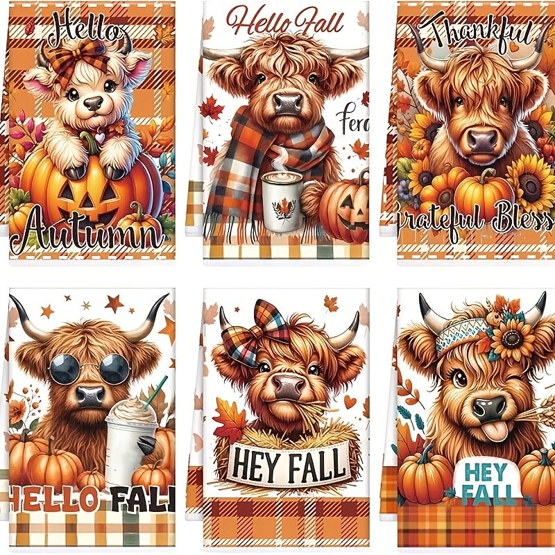 TEMU Highland Cow Autumn Kitchen Towels, 6pcs Set; Autumn Pumpkin Maple Leaf Pattern Dishcloths, Suitable For Cooking And Cleaning; Thanksgiving