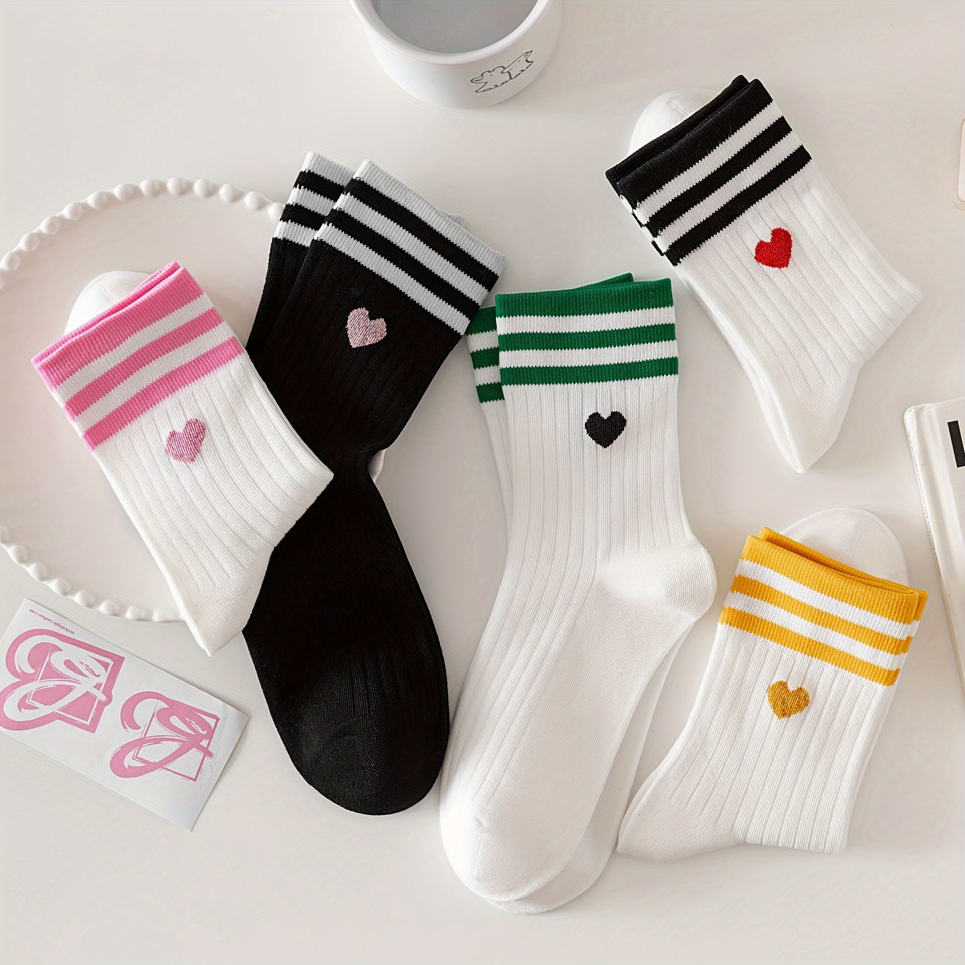 

5 Pairs Heart & Striped Socks, Cute College Style Mid Tube Socks For Fall & Winter, Women's Stockings & Hosiery