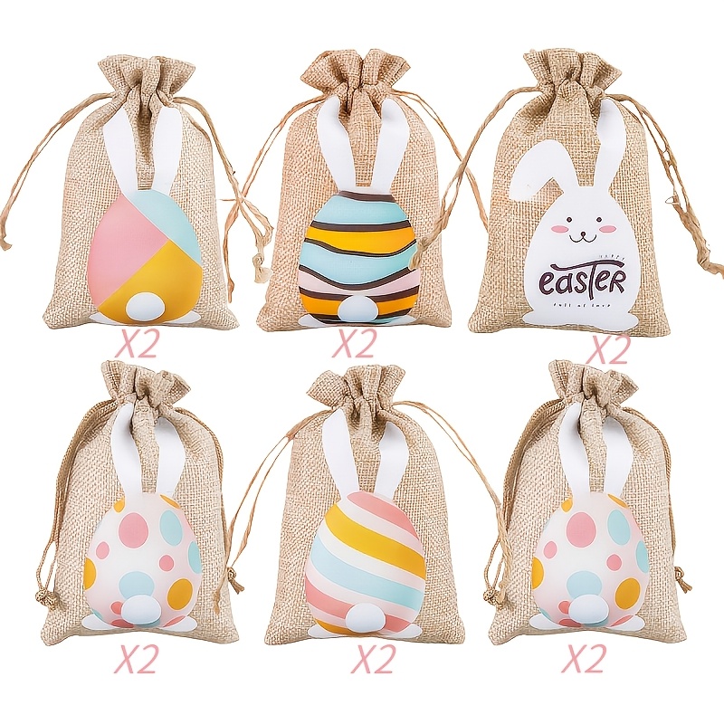 12pcs Linen Bunny Drawstring Candy Bags With & "" Print - Bunny Pouches Suitable For Hunt Treats, Party Favors, Jewelry Storage - Durable Linen Fabric Gift Bags