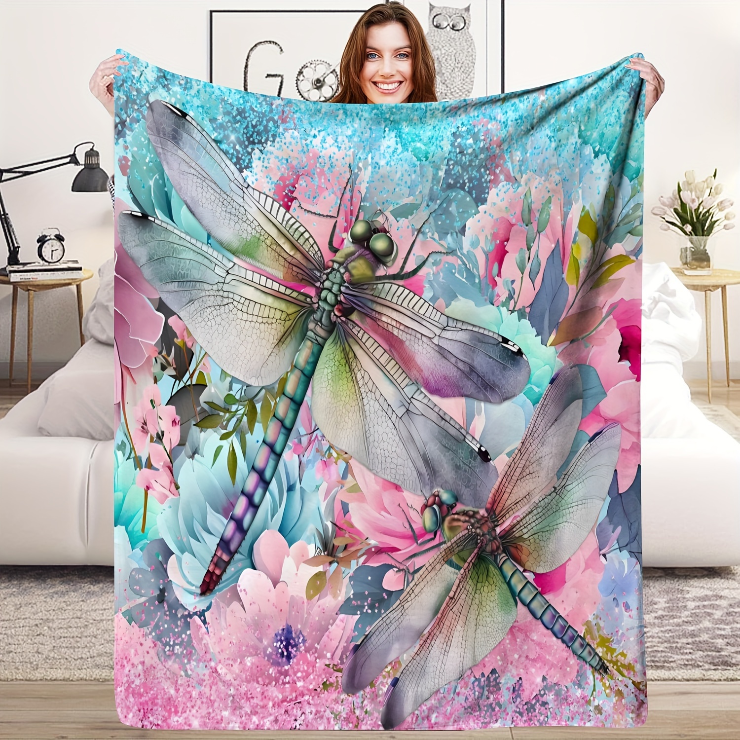 

1pc Dragonfly Design Flannel Throw Blanket, Soft Style Gift For Friends, Artistic Floral Home Decor