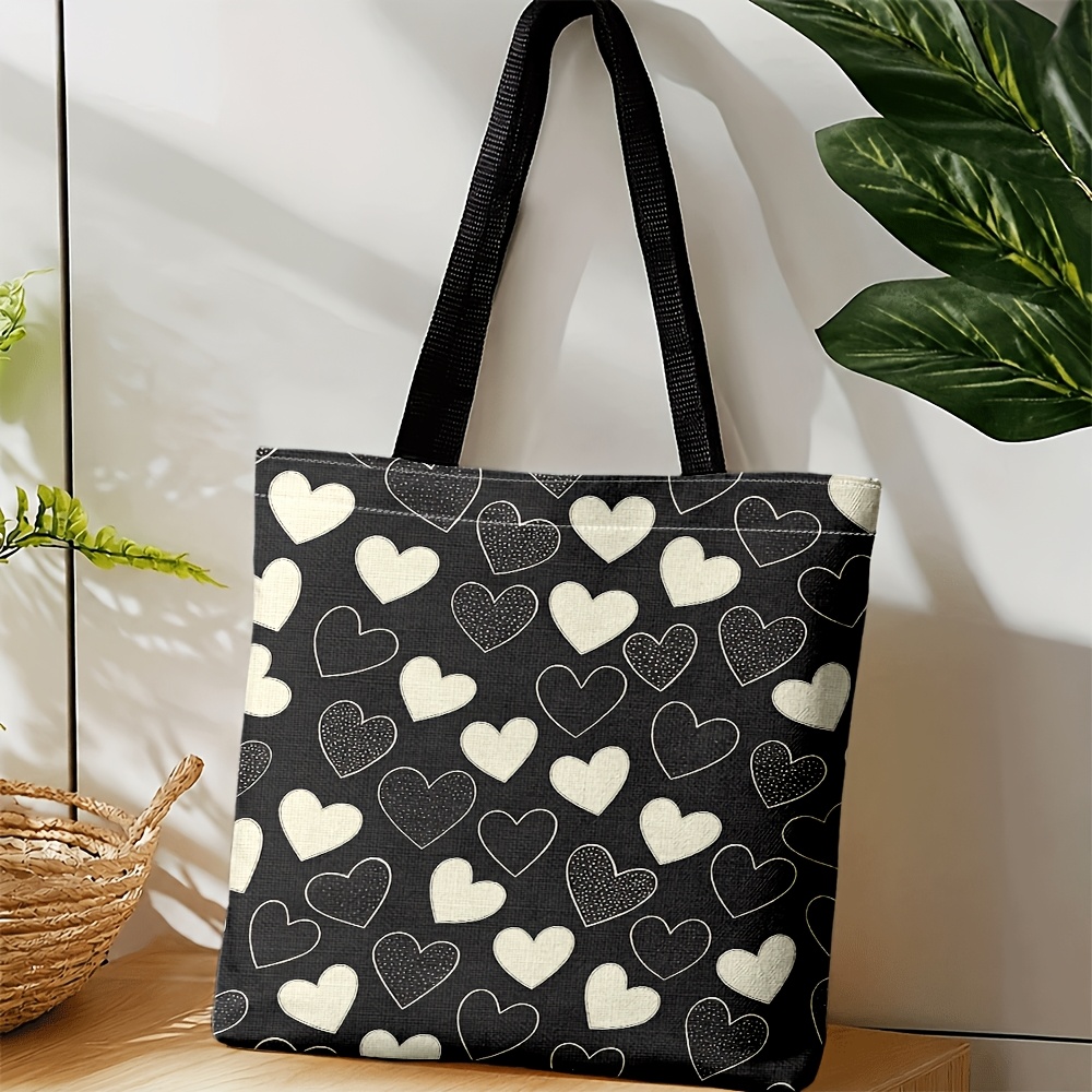 TEMU Black Tote Bag With White Heart Pattern, Shoulder Strap