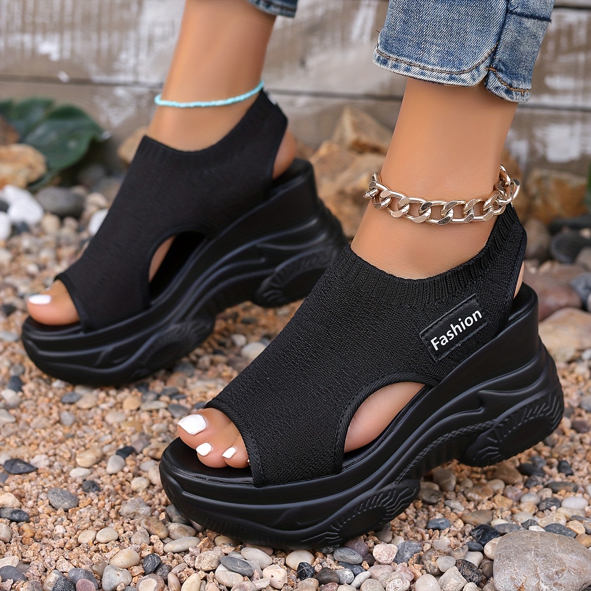 women's slip platform sandals breathable fabric upper Temu Mauritius