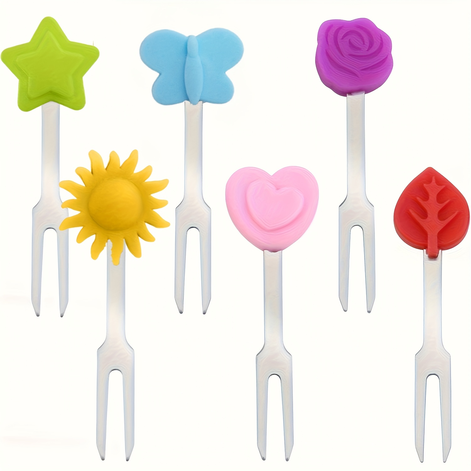 TEMU 6pcs Mini Fruit Forks - Stainless Steel Reusable Colorful Toothpicks For Desserts, Easy-clean Dessert Forks With, , Rose, Sun & Heart Shapes For