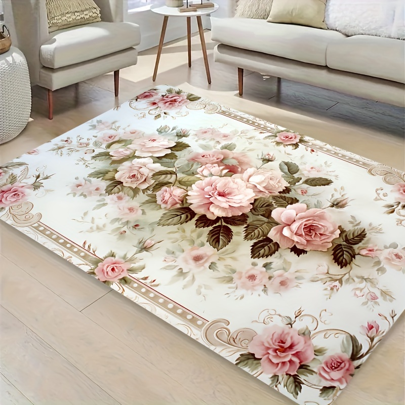 

Chic Vintage Floral Area Rug - Machine Washable, Polyester Fiber, Living Room, Bedroom, Kitchen & Entryway Decor