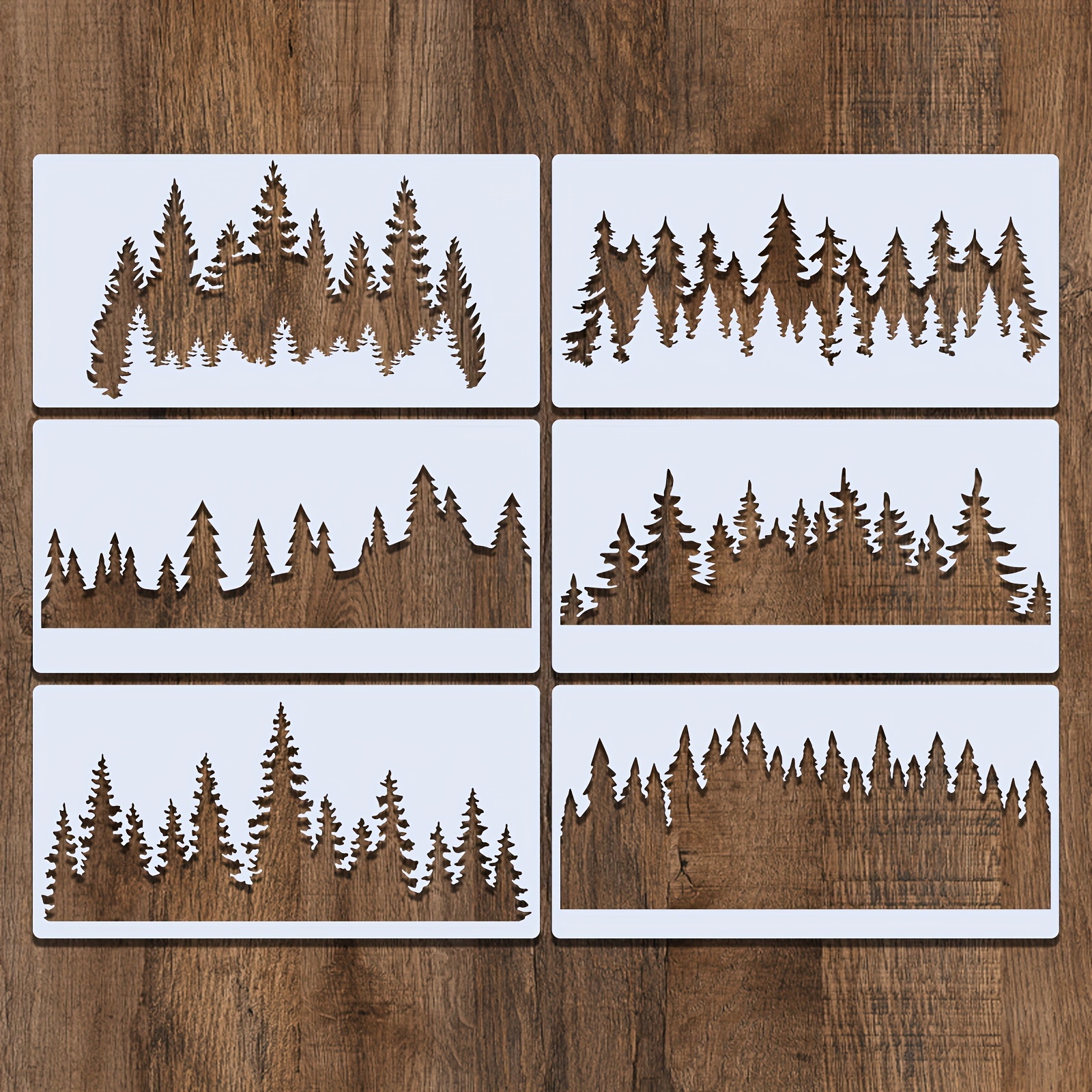 

6-piece Pine Tree Stencils For Diy Projects, 11.8x5.9" Reusable Templates For Wood Burning, Painting On Walls & Fabric