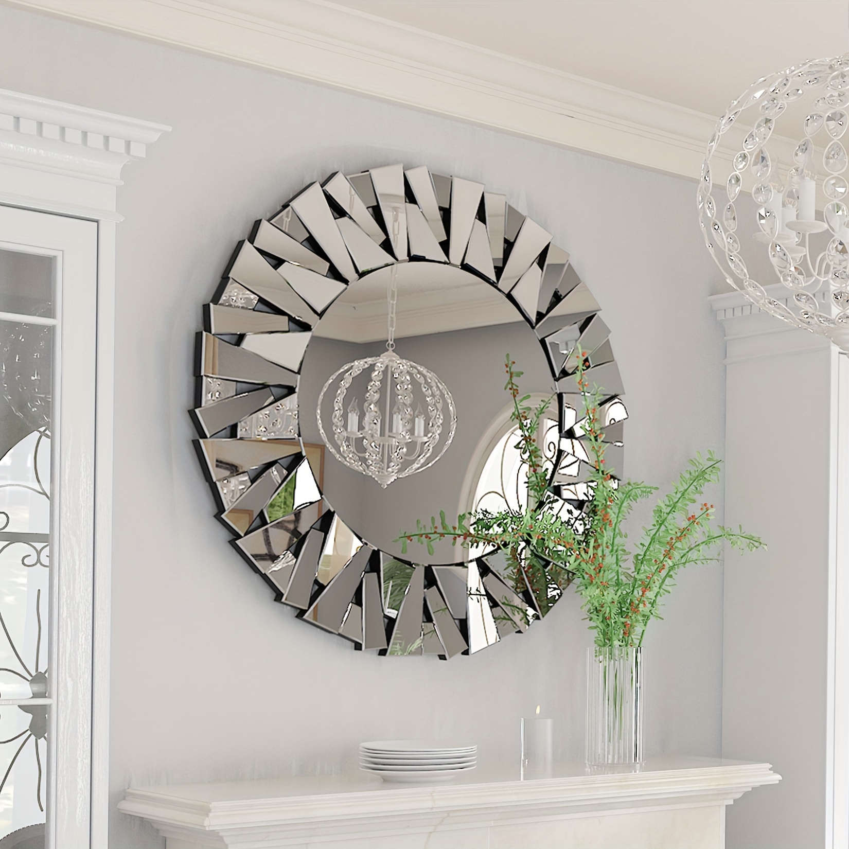 TEMU Round Decorative Mirror Wall 32 Inch Large Silver Vanity With Glass Frame Edge And Back For Mirrored Art Bathroom Bedroom Living Room