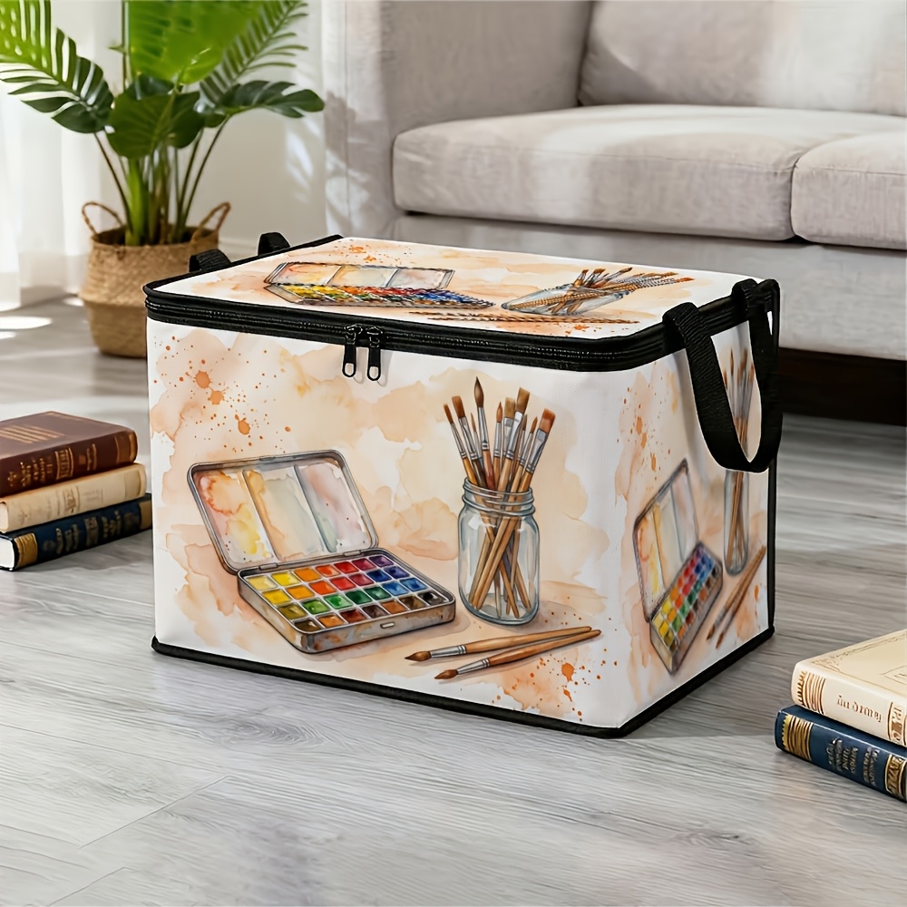 TEMU 1pc Watercolor Tool Printed Large Capacity Foldable Storage Box, Artistic Style Paint Brush And Pigment Pattern With Lid And Zipper Handheld