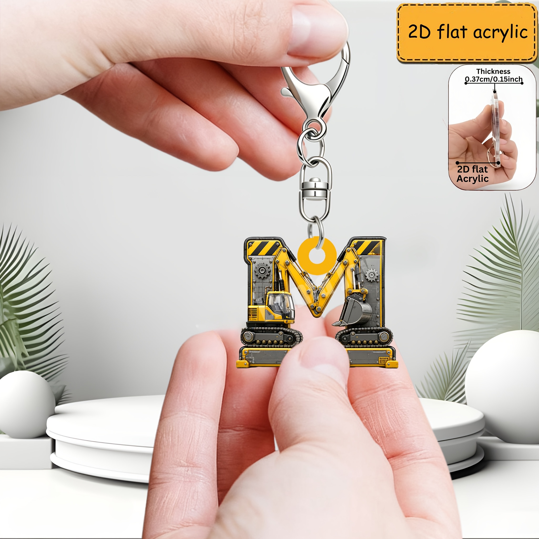 TEMU 2d Flat Acrylic Excavator Pattern Letter Keychain, Heavy Engineering Pattern Letter Pendant Key Chain, Car Backpack Bag Ornament Gift, Suitable