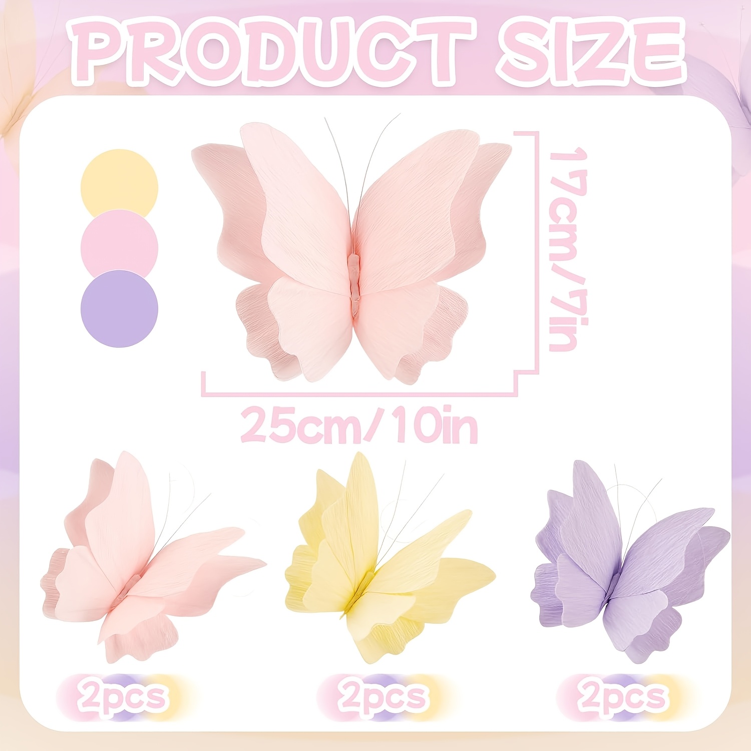 Image of 6pcs Party Decorations Hanging Decorations Crepe Paper Garden 3d Butterflies Decor Pastel Paper Butterflies Decoration For Wedding Birthday Party Room Decor, For Halloween, Christmas