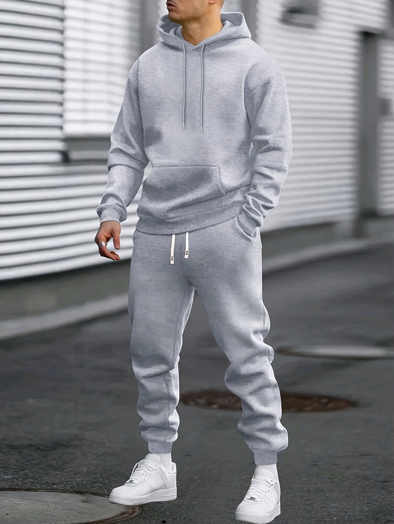 1 set of mens casual sports suit polyester hooded sweatshirt and sweatpants set solid color elastic waistband   knitted shirt with pockets suitable for outdoor running and jogging spring autumn series