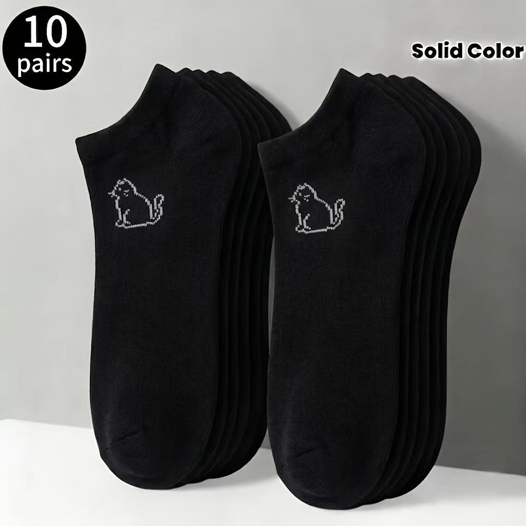 TEMU 10 Pairs Cute Cat Pattern Women's Ankle Socks, Women's Spring And Summer Solid Color Ankle Socks, Breathable And Soft Socks Suitable For Daily