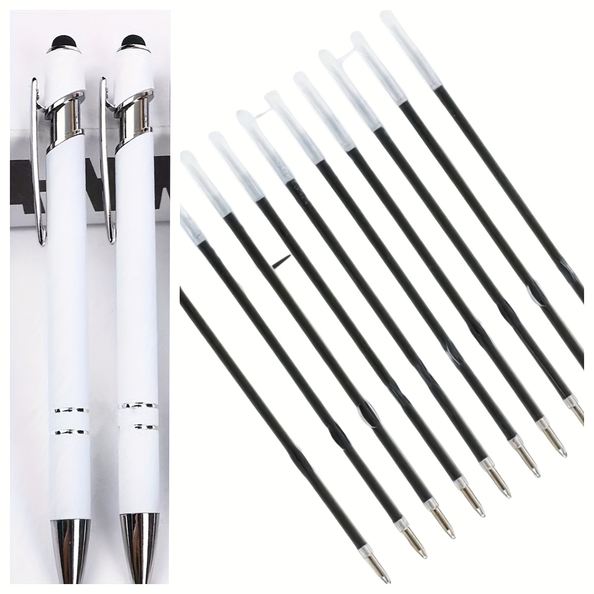 12pcs (set) Elegant White Metal Retractable Ballpoint Pens With Touch Screen Tip - Retractable Mechanism, Stylish Pen Design For Office Writing And Fashion Gifts, No Battery Required, Office Supplies