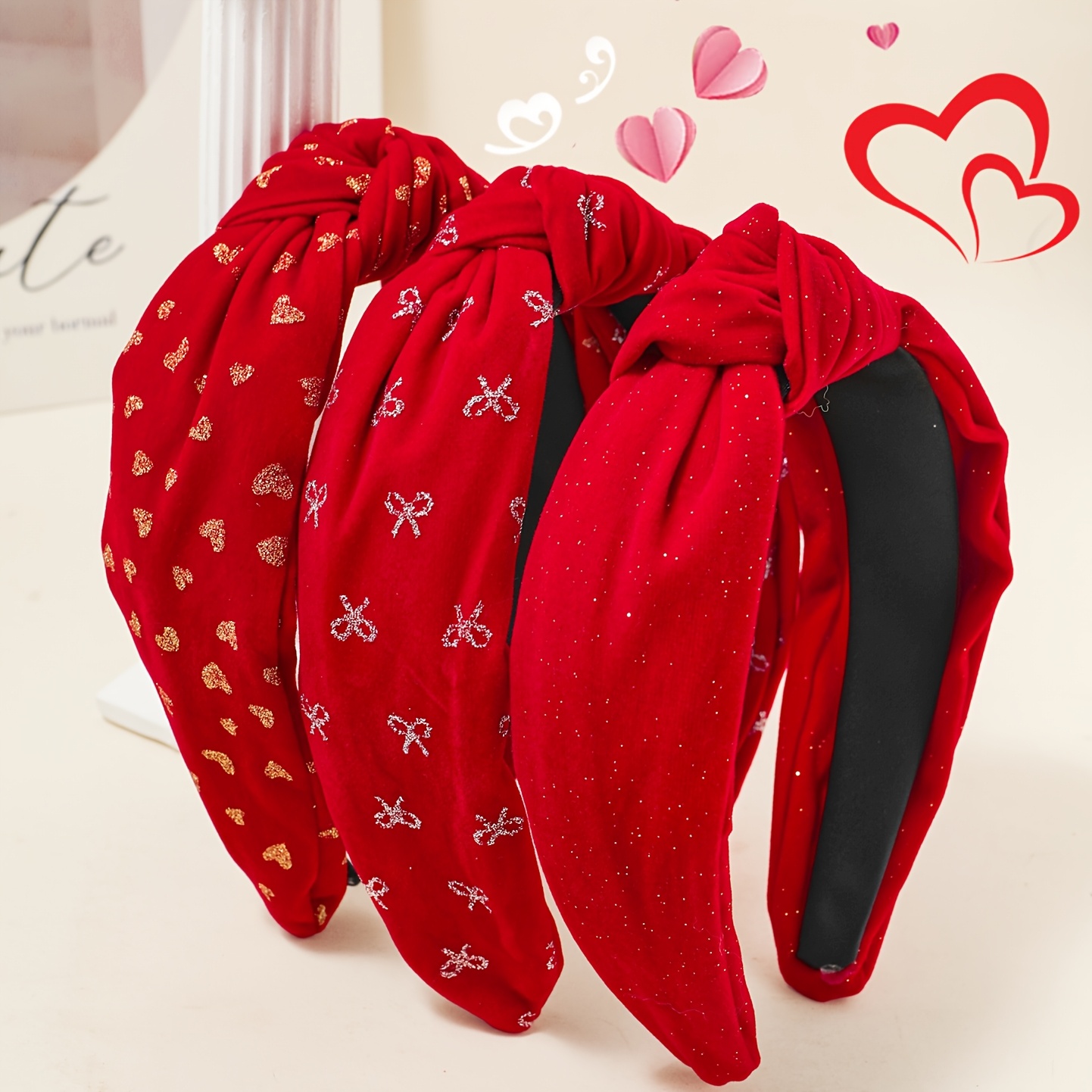 

3pcs Set, Women's Wide-brimmed 's Day Christmas Velvet Headband Set, Bow Love Print, Sweet And Fashionable Valentine's Day Christmas Hair Accessories