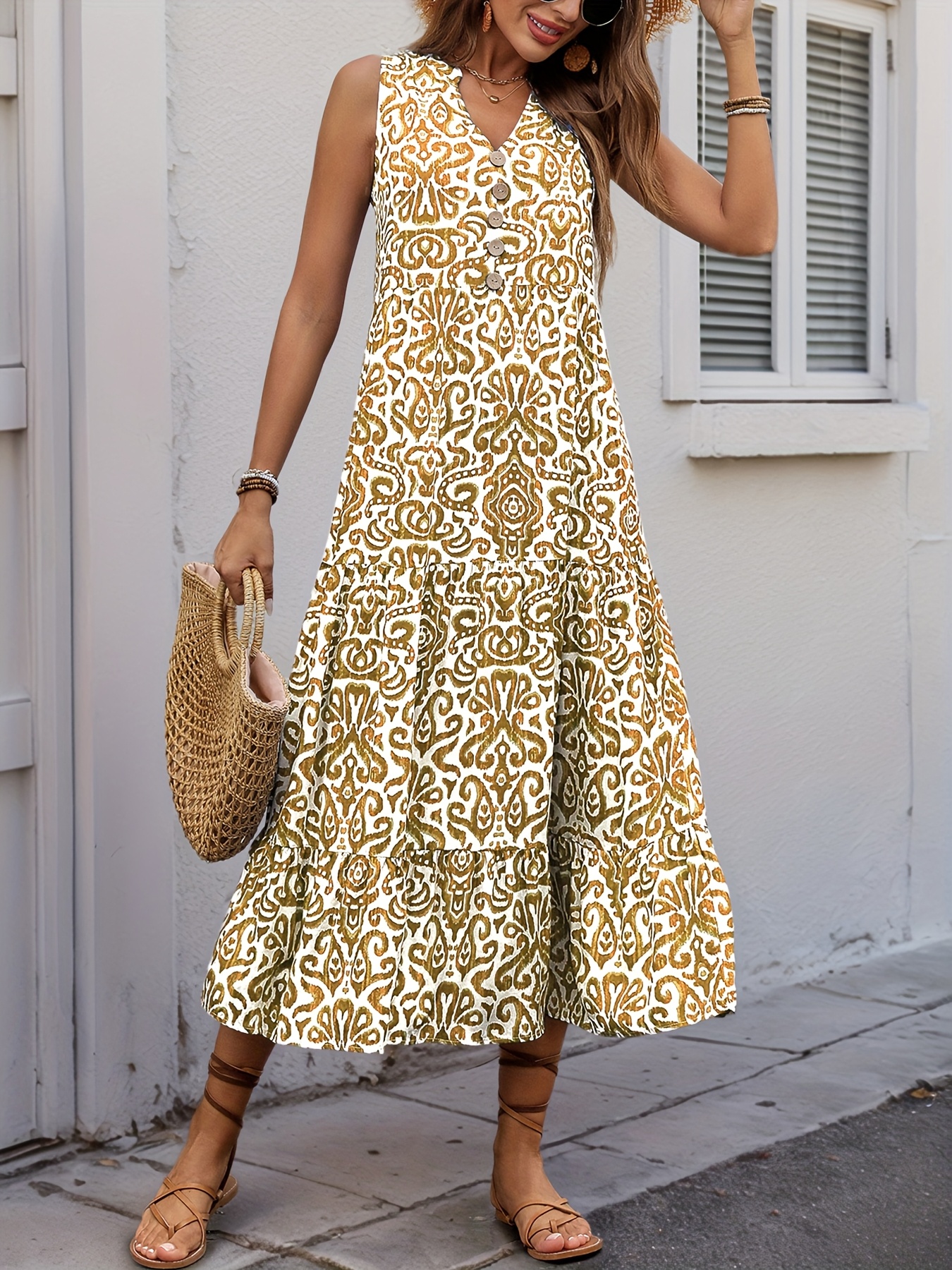 new summer womens vacation sleeveless casual french dress with v neck and button print