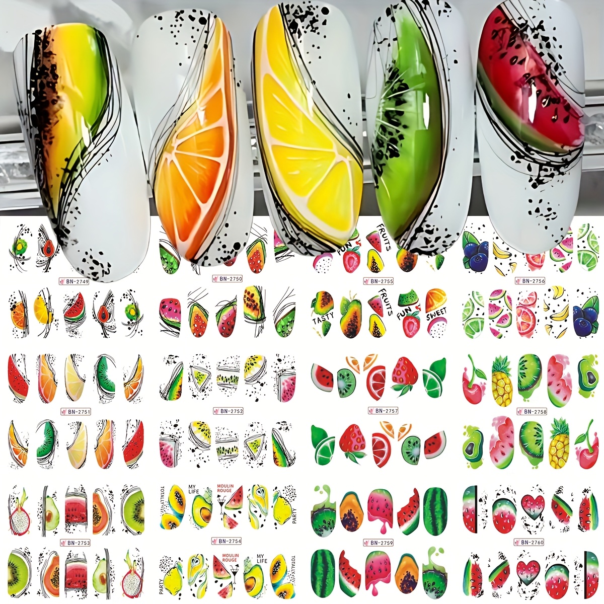 1pc 12 Designs For Summer-themed For Nail Art Featuring , Watermelon, Avocado, And Abstract Lines With Lemon And Orange Decals. Are Water Transfer Stickers For Decorating For Nails (without )