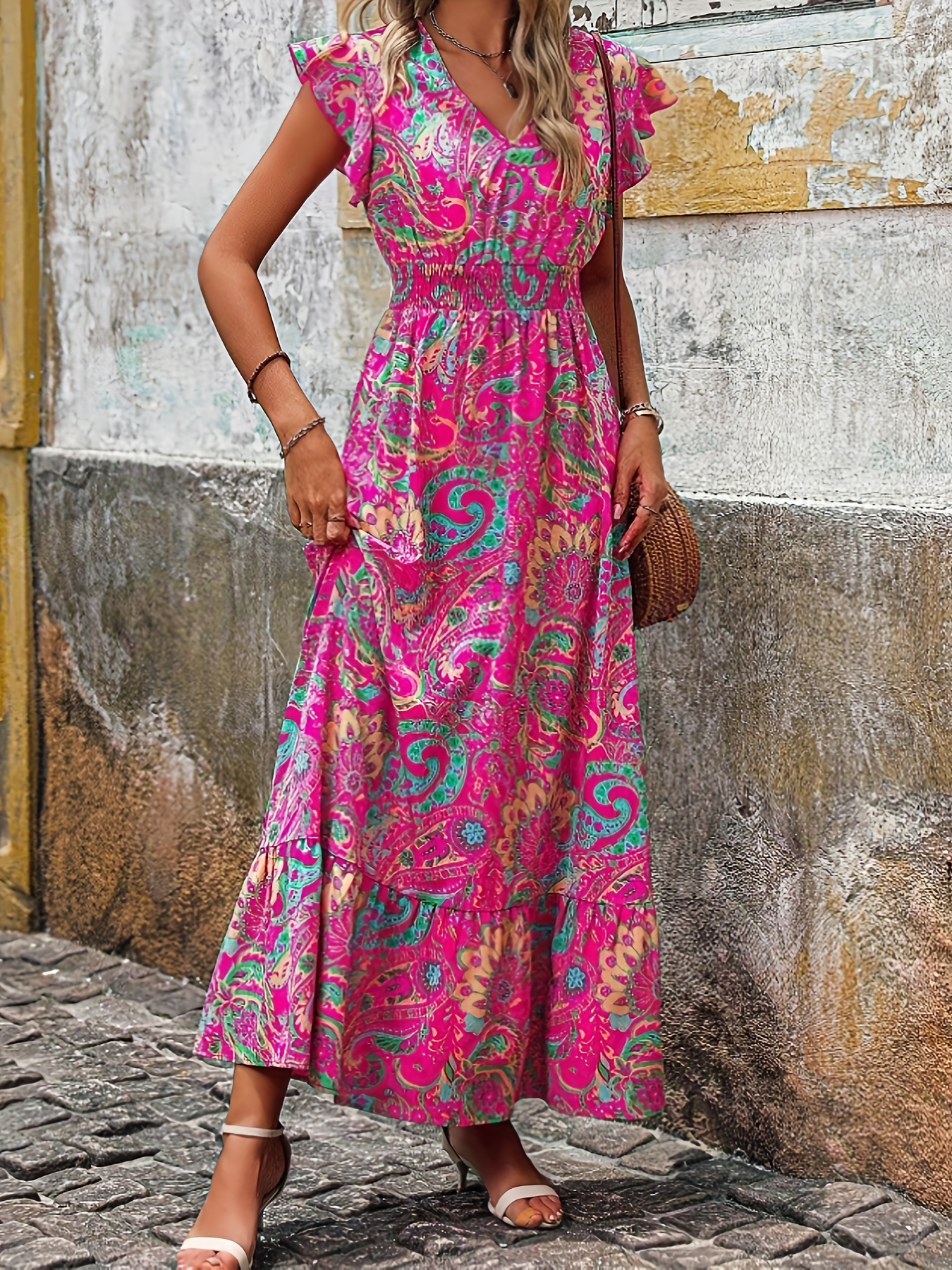 pink and green sun dress Peach Rose Mini Corset Summer Dress with Floral Print Peach Rose Floral Print / Large main image 1