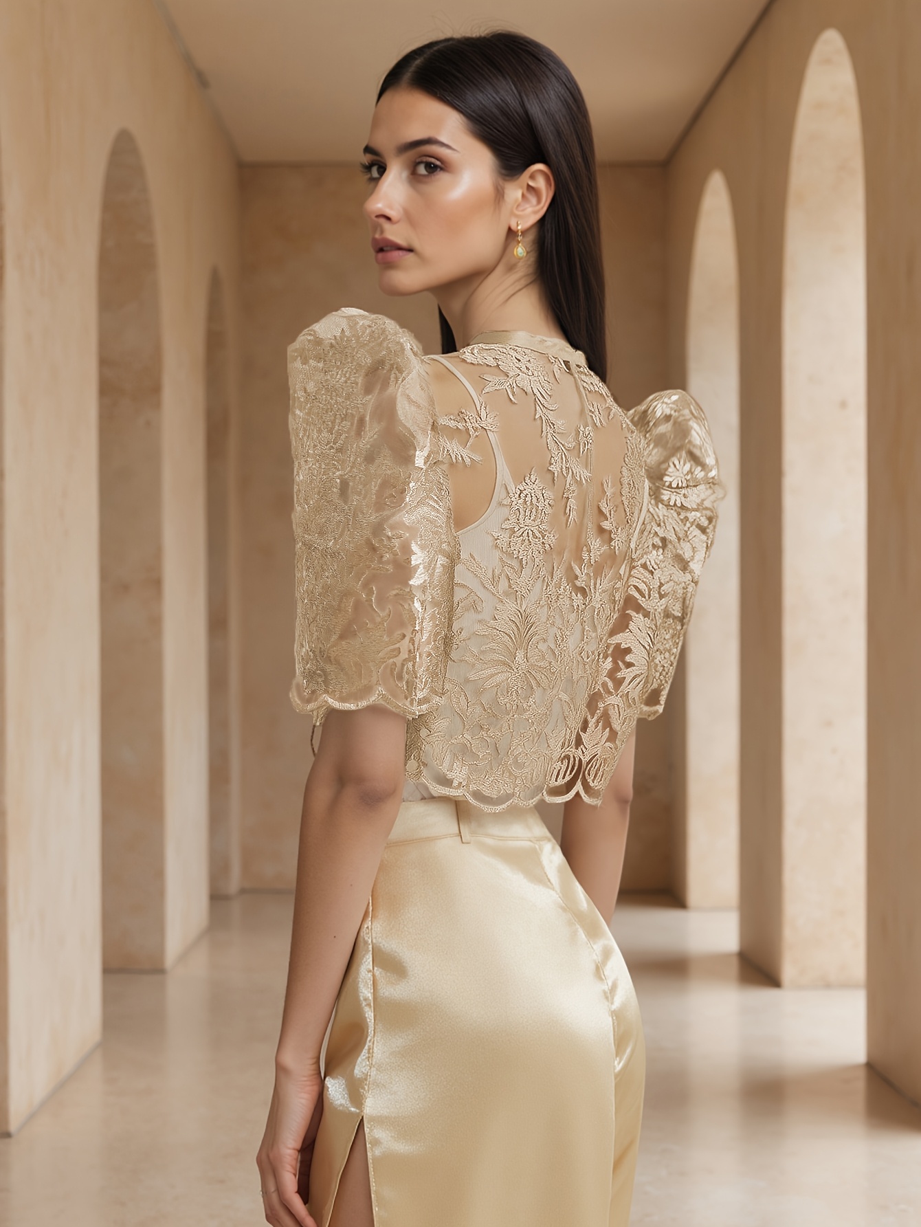   lace bolero puff sleeve   top