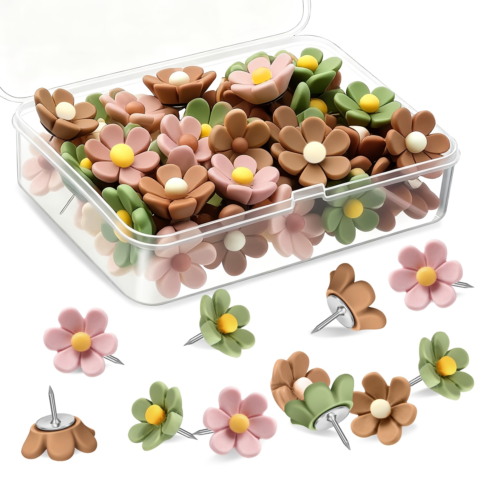 TEMU 12 stuks donkerroze, bruine, groene schattige punaises decoratieve punaises duimpennen kleurrijke bloemen punaises, bloem duimpen voor prikbord