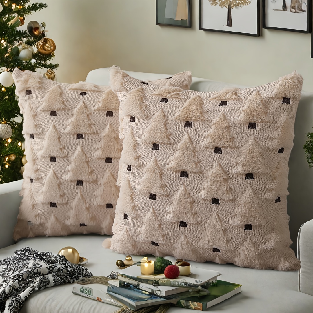 2 Stück Weihnachtskissenbezüge (18x18/12x20/20x20) Zoll Beige * Kissenhüllen Dekorationen Weicher Plüsch Kunstwolle Kissenbezüge Winterurlaub Deko für Sofa Wohnzimmer