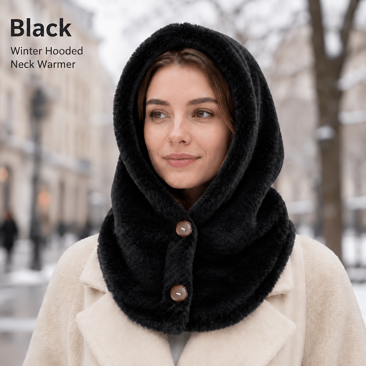 TEMU 1pc Women' Plush Hooded Scarf & Neck Warmer - Soft Fuzzy Button Closure Hooded Collar, Elastic Suitable For Winter Outdoor Daily Wear, Christmas
