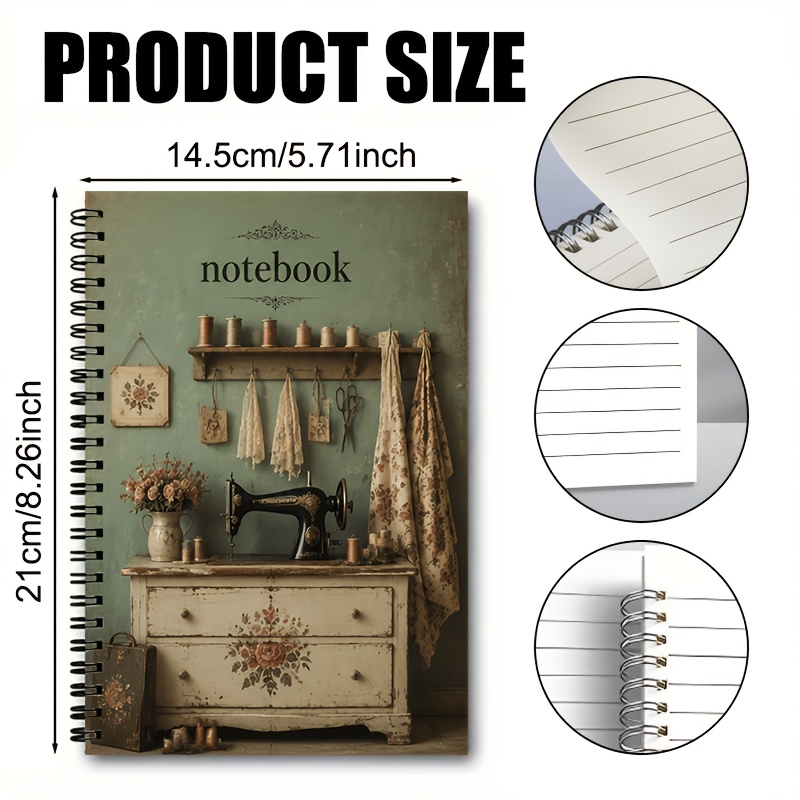 TEMU Vintage Sewing Workshop Old-style Sewing Machine Coil Notebook, 25 Pages Of Lined Inner Pages. Suitable For Daily Journaling, Inspiration