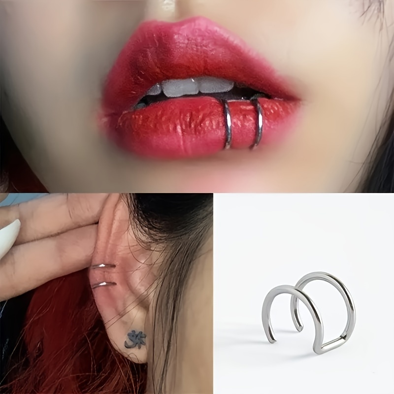 

3pcs U-shaped Double Clip Earrings Nose Ring Set C-shaped Clip Earrings Minimalist Fake Piercing Jewelry Set Lip Ring Earrings - With A Beautiful Gift Box