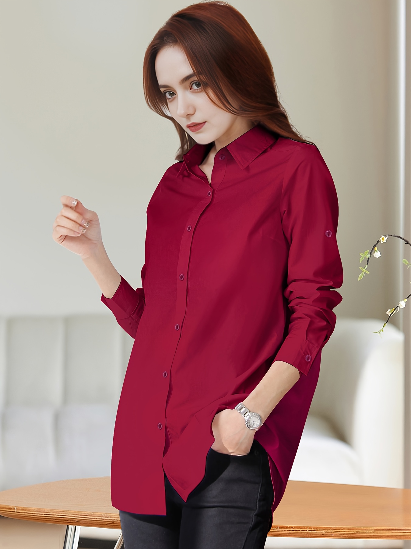 womens 100 straight leg long shirt red blue white solid Temu
