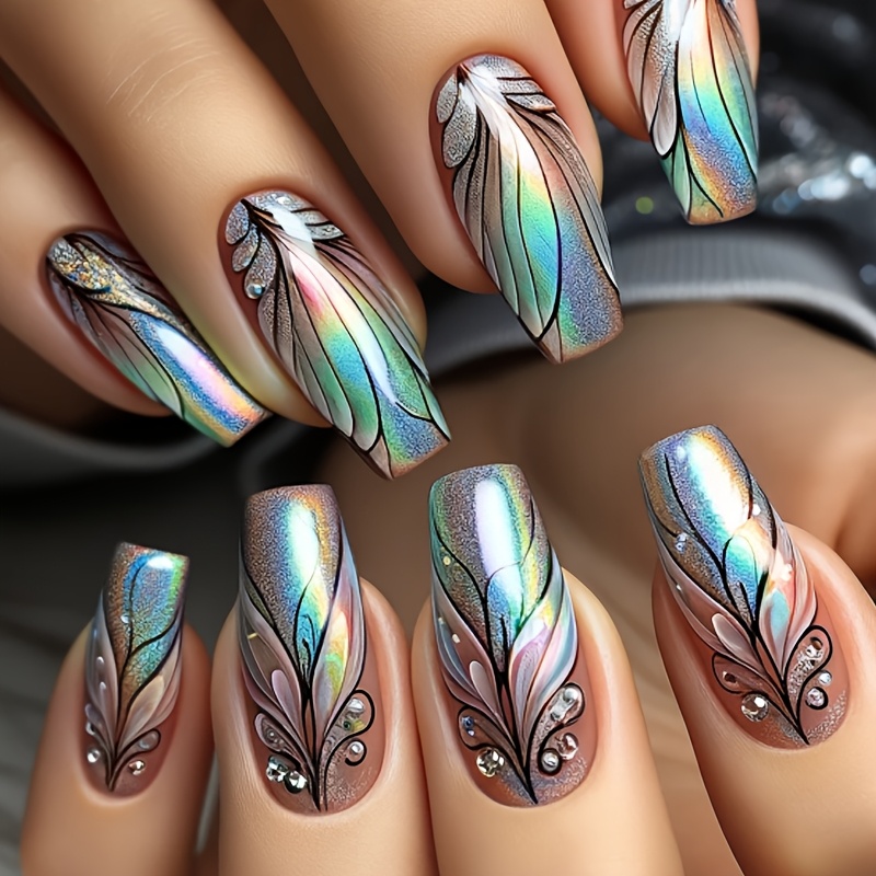 

[24pcs Gradient Feather Press On Nails] 24pcs Gradient 3d Feather Press On Nails, Mid-length Wearable Nail Art Set, Mixed , , , With Reusable, Easy To Apply & Remove For Women And Girls