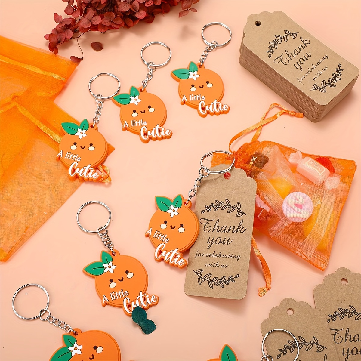 

30-piece Baby Shower Party Favor Set With Orange Keychains, Thank You Tags & Gift Bags - Perfect For Fruit-themed Birthdays, Weddings & School Supplies