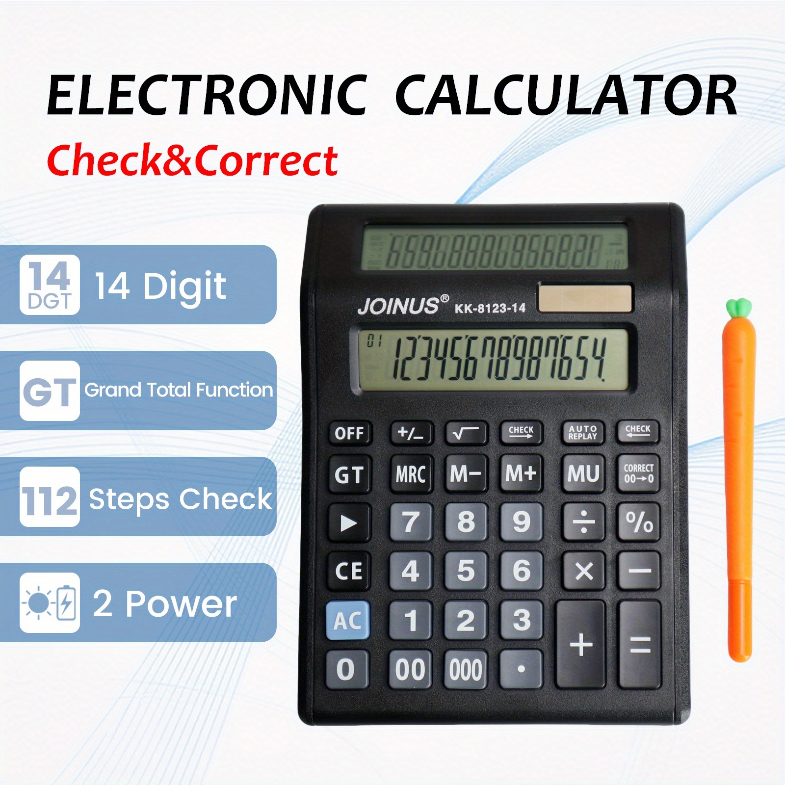 Calculator + Set de Pixuri Gel (2 bucăți), Calculator Financiar Profesional 12/14 Cifre - Afișaj LCD Mare pentru Citire Ușoară, Alimentat Solar Pentru Birou, Școală și Acasă (Fără Baterie)