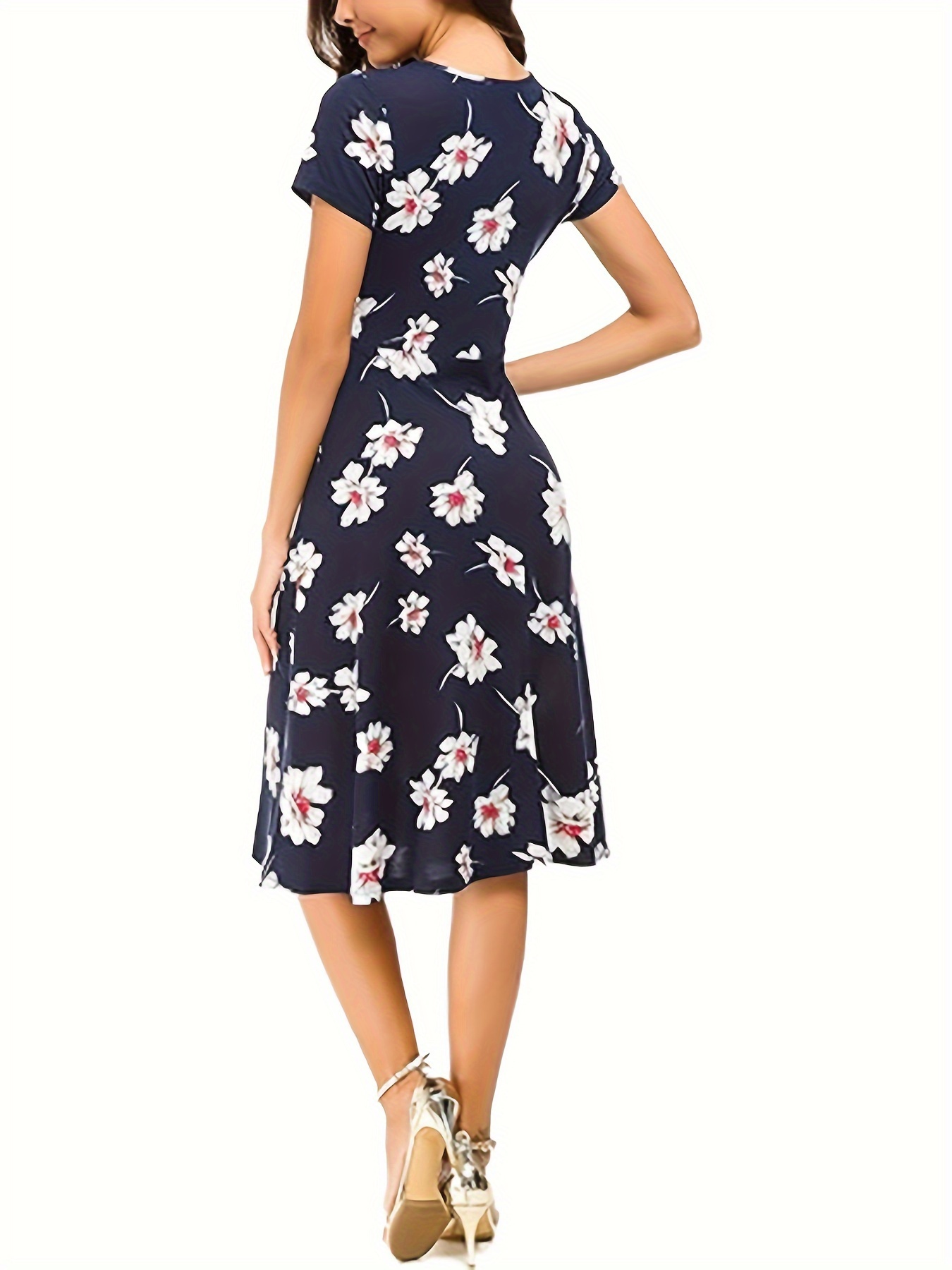 floral print v neck slim dress elegant short sleeve aline dress for spring summer womens clothing navy blue 1