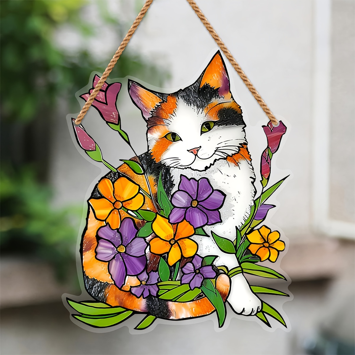 

Charming Yellow Cat & Flowers Suncatcher - Acrylic Window Hanging For Indoor/outdoor Decor, Perfect Gift For Cat Lovers