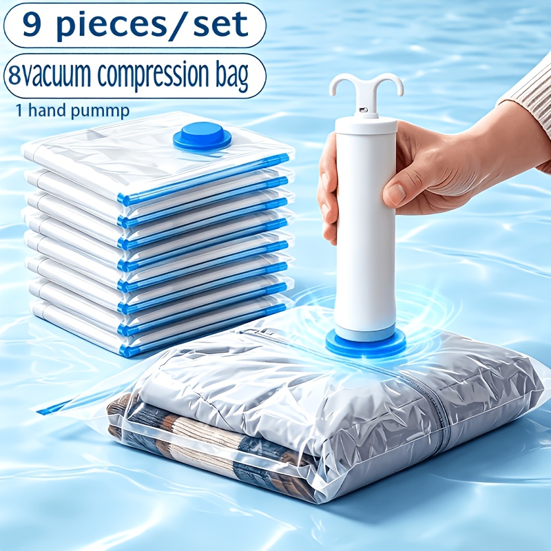 TEMU Ensemble de rangement 9 pièces - Sacs de compression sous vide et pompe à vide portative, sacs scellés sous vide réutilisables pour vêtements,
