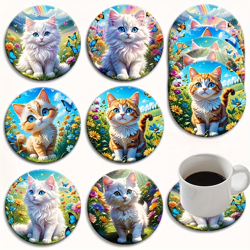 

6-piece Cat & Floral Wooden Coaster Set - Perfect For Coffee, Tea & Beverages - Ideal Home & Restaurant Decor, Great Holiday Gift