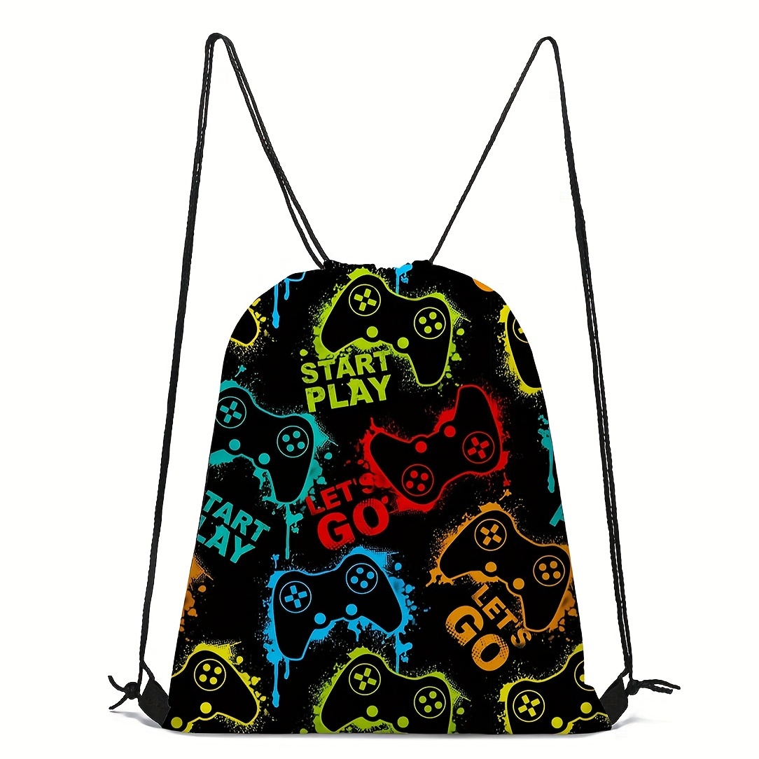 

Vibrant Gamer-themed Drawstring Backpack - Polyester, Game Console & "" Design, With Pockets - High School, Sports Gym & Training Storage, Gaming Accessories