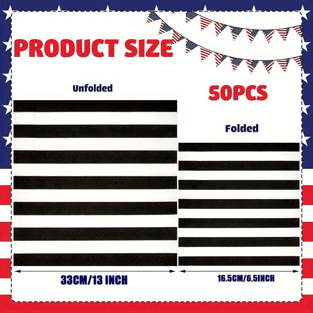 E-shop 50 Stück Gestreifte Party Servietten - 2-lagiges Hochwertiges Papier, 6,5x6,5" Gefaltet & 13x13" Entfaltet, Elegantes Streifendesign für