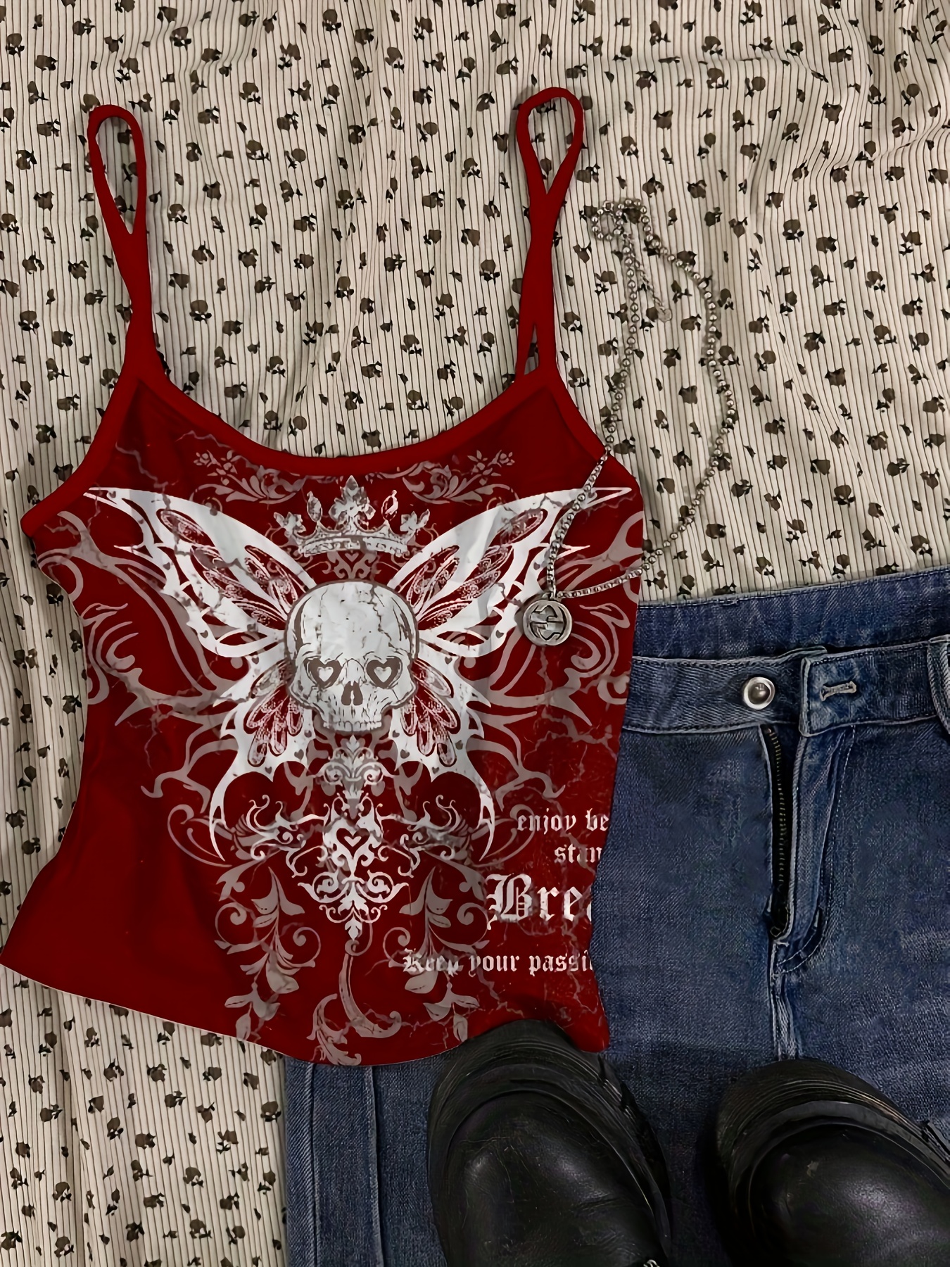 womens y2k gothic skull print cami top black red vintage Temu