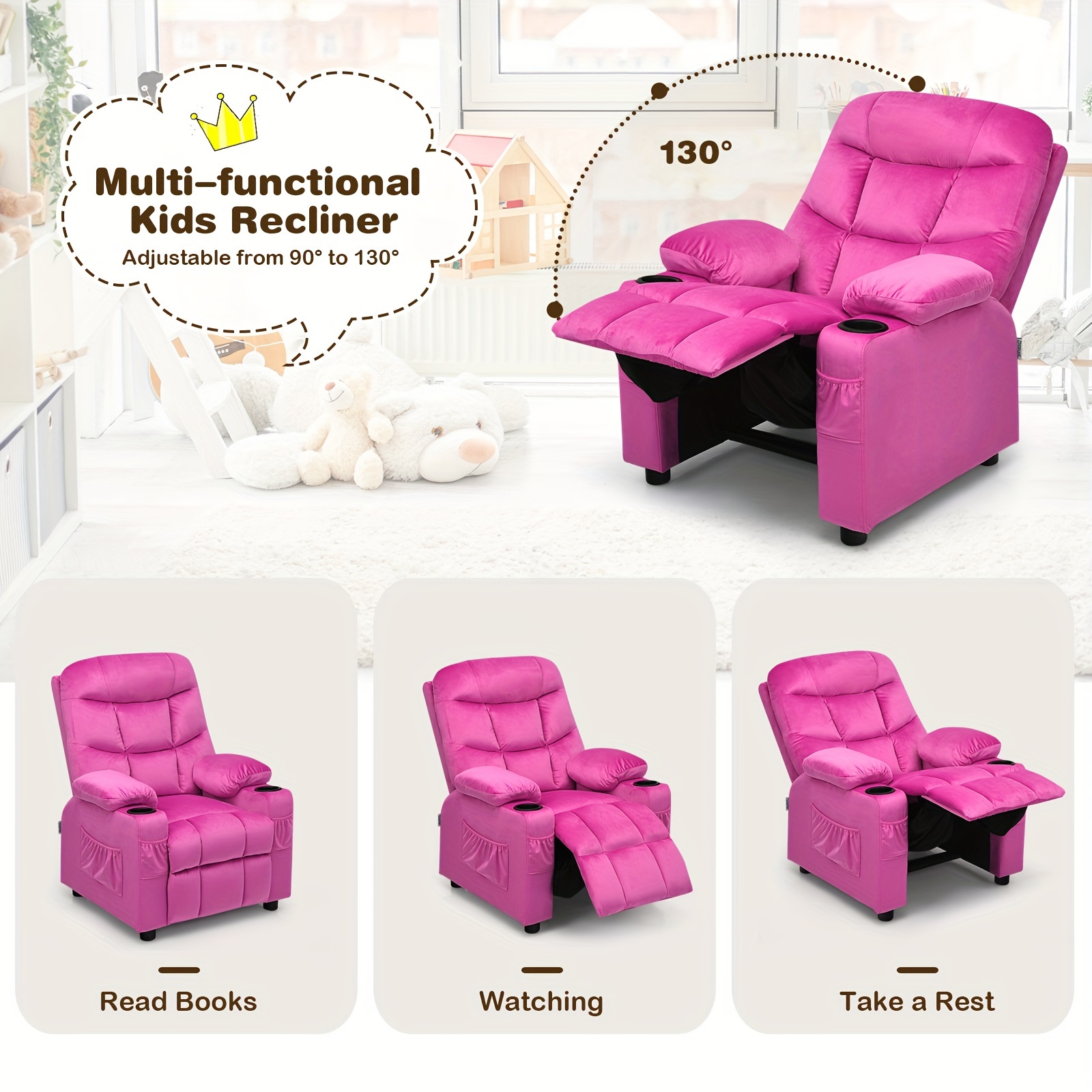 Girls' Pink Velvet Recliner Chair with Cup Holder & Storage Pocket - Heavy-Duty 300lb Capacity, Ergonomic Backrest & Armrests, Manual Recliner with Safety Belt - Modern Soft Cushioned Lounge Chair for Kids & Teens, Easy Assembly, Ideal for Bedroom, Living Room, Home Theater - Durable Wood Frame & Fabric, Ideal Gift for Girls 3-12 Years (Pink, Purple, Black, White, Grey Available), Lounge Chair for Teens, Comfortable Sitting, Playroom Seating, Stylish Recliner, Highcapacity Recliner, ' 7 Girls' Pink Velvet Recliner Chair with Cup Holder & Storage Pocket - Heavy-Duty 300lb Capacity, Ergonomic Backrest & Armrests, Manual Recliner with Safety Belt - Modern Soft Cushioned Lounge Chair for Kids & Teens, Easy Assembly, Ideal for Bedroom, Living Room, Home Theater - Durable Wood Frame & Fabric, Ideal Gift for Girls 3-12 Years (Pink, Purple, Black, White, Grey Available), Lounge Chair for Teens, Comfortable Sitting, Playroom Seating, Stylish Recliner, Highcapacity Recliner, ' - Image 7