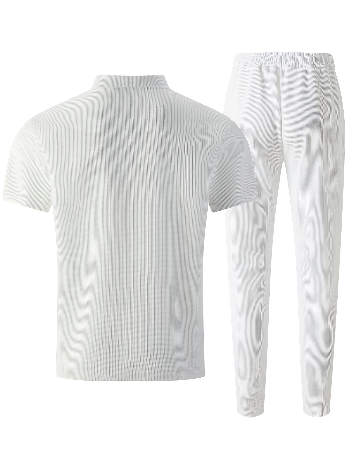Men's Waffle Knit Casual Double-Pocket Short-Sleeve Shirt with Athletic Long Pants Set