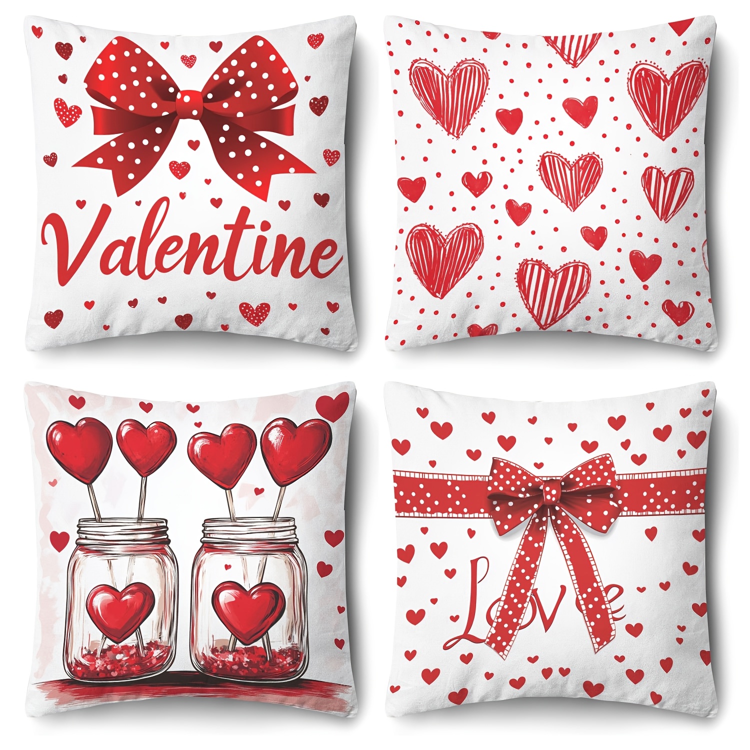 

Valentine's Day 4pcs Pillow Cover Set - 18x18 Inch, Contemporary Style With Bows, Hearts & Arrows Design, Zip Closure, Machine Washable, Polyester - Decor