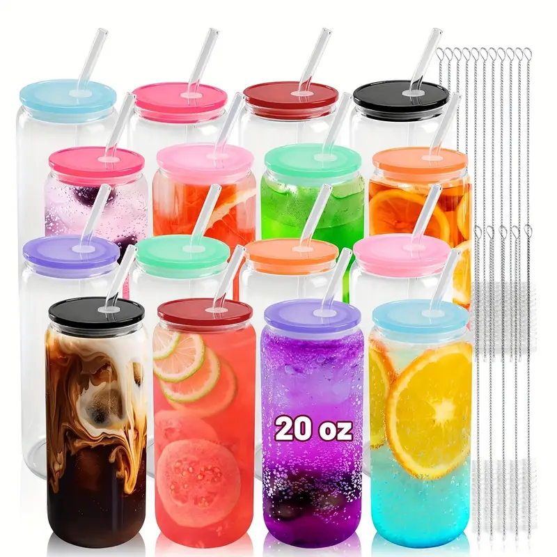 20 oz glass cups with acrylic lids and straws 16 pcs can shaped glass iced coffee cups with lids drinking jar glasses cute tumbler cup great for smoothie soda boba tea cocktail beer gift Product details 13