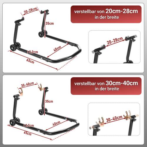 Set Cavalletto per Moto, Cavalletto per Moto, Sollevatore per Moto con Rotelle, Alta Stabilità, Capacità di Carico fino a 300 kg (Ruota Anteriore/Ruota Posteriore/Set Ruote Anteriori e Posteriori, Nero/Rosso)