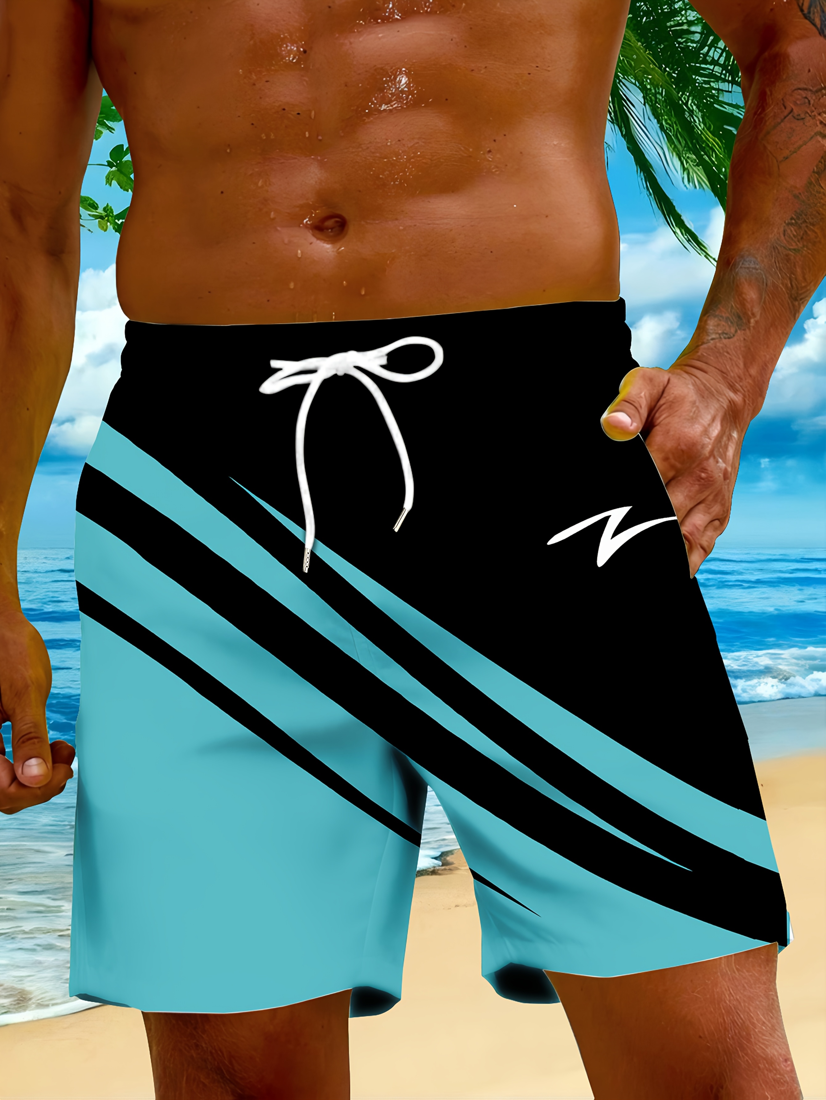 mens outdoor beach shorts hawaiian style   block stripes casual sportswear for beach seaside pool and vacation