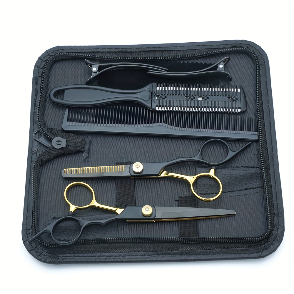 professional hairdressing scissors set black golden thinning shears relaxed texture hair right handed normal hair type hairdressing tools kit details 1