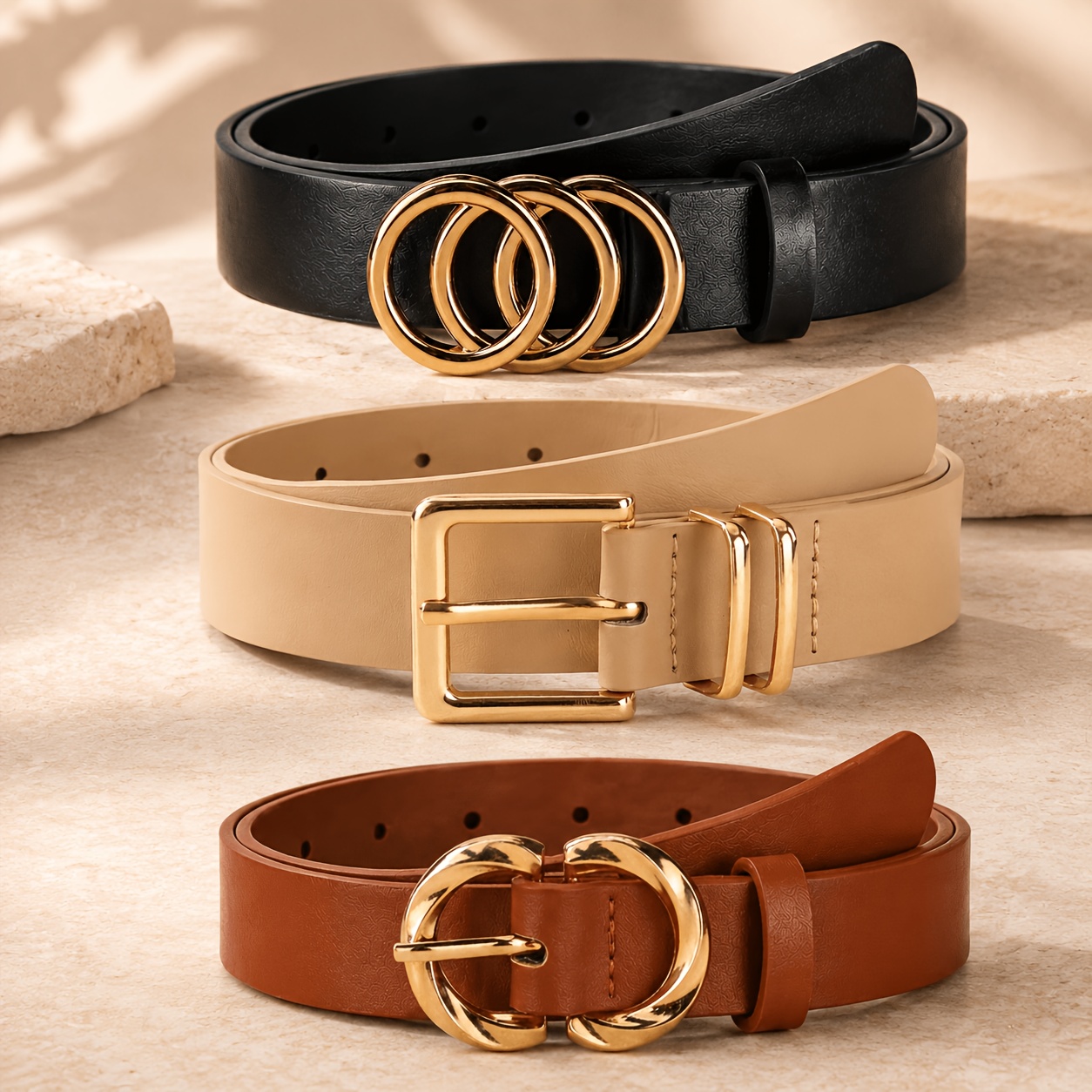 TEMU 3pcs Women's Adjustable Belt Set, Geometric Golden , Black/z Brown/khaki, Suitable For Jeans, Trousers, Dresses, Women's Belts, Solid Color