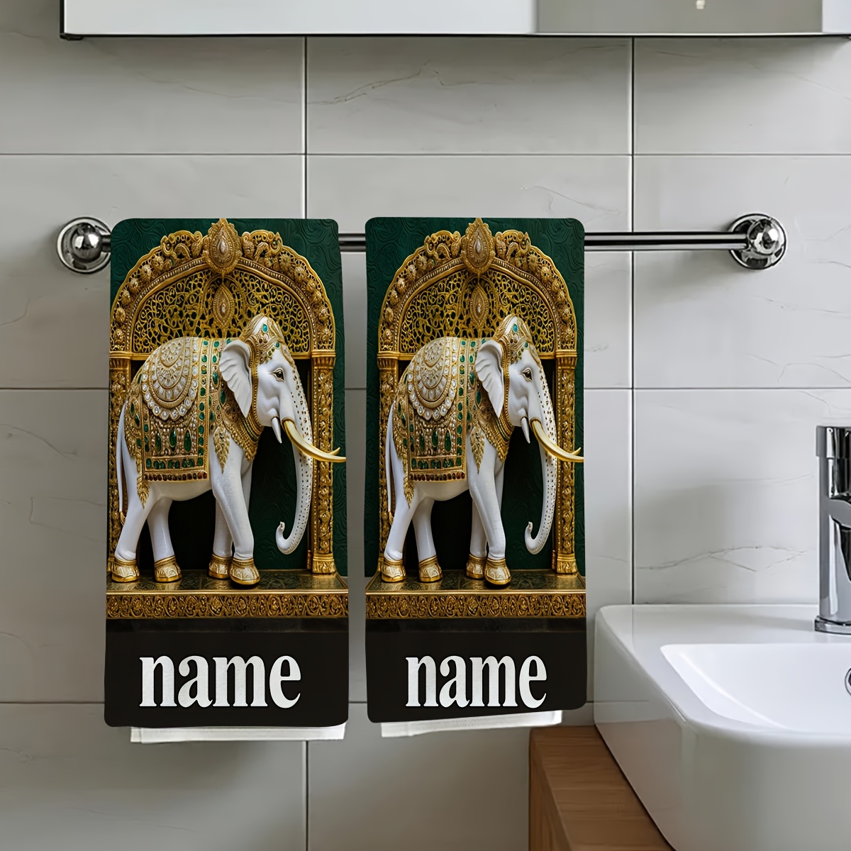 TEMU 2pcs, Decorated The Statue Is Carved With Elegant White-skinned Elephants Decorated With Pale Patterns And Green Accents Travel , Customizable