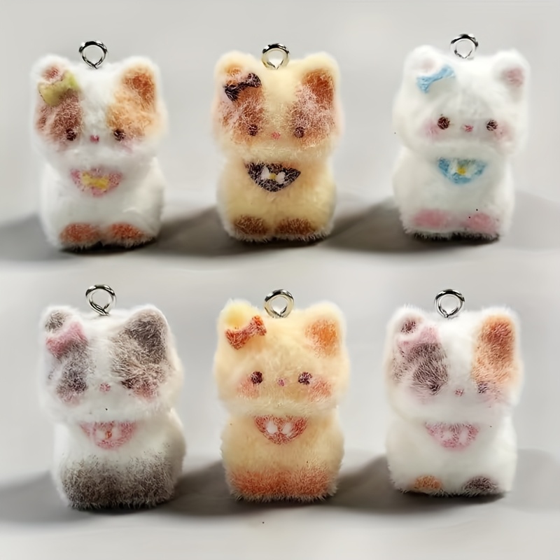 TEMU 6pcs Kawaii 3d Flocking Cat Resin Charms Cute Bow Cats Pendants Accessory Lovely Kitten Necklace Decoration Jewelry