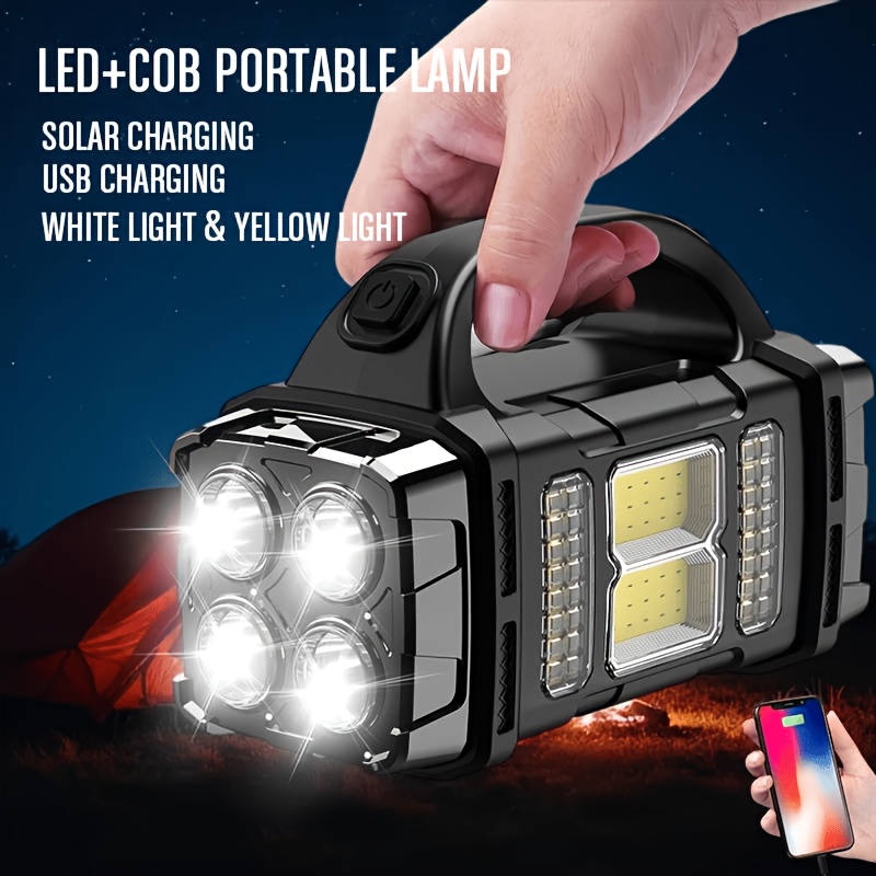 imagen del artículo lámpara solar portátil multifuncional  , led con luz de emergencia cob, carga usb, protección, iluminación de   dual delantera y trasera, puede cargar teléfonos móviles, linterna     y amarilla, adecuada para camping, senderismo, reparación