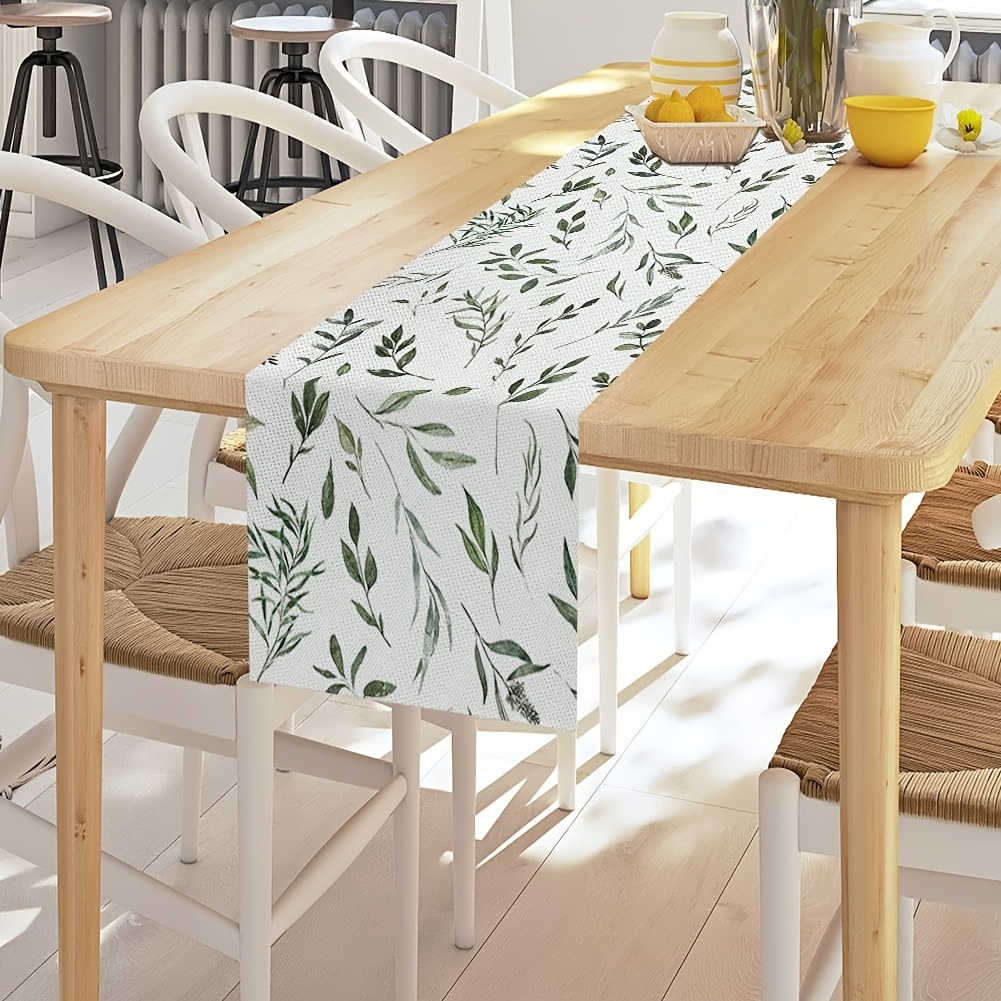 1pc Eucalyptus Leaf Watercolor Green Botanical Table Runner, 100% Polyester Woven Rectangular Table Decor For Kitchen Dining Home Gatherings