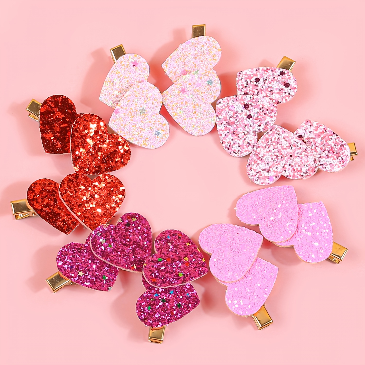 

10pcs Valentine's Day Heart Hair Clips Set, Cute Leather Sequin Love Shaped Barrettes, Solid Color Hair Accessories For Side Bangs And Updos